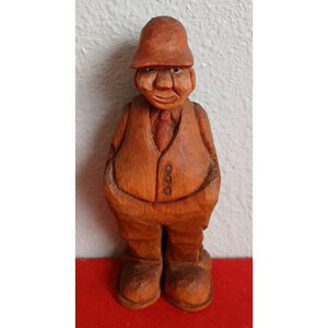 Vintage Hand-Carved Wooden Old Man In Suit and Hat Figurine 6"Tall